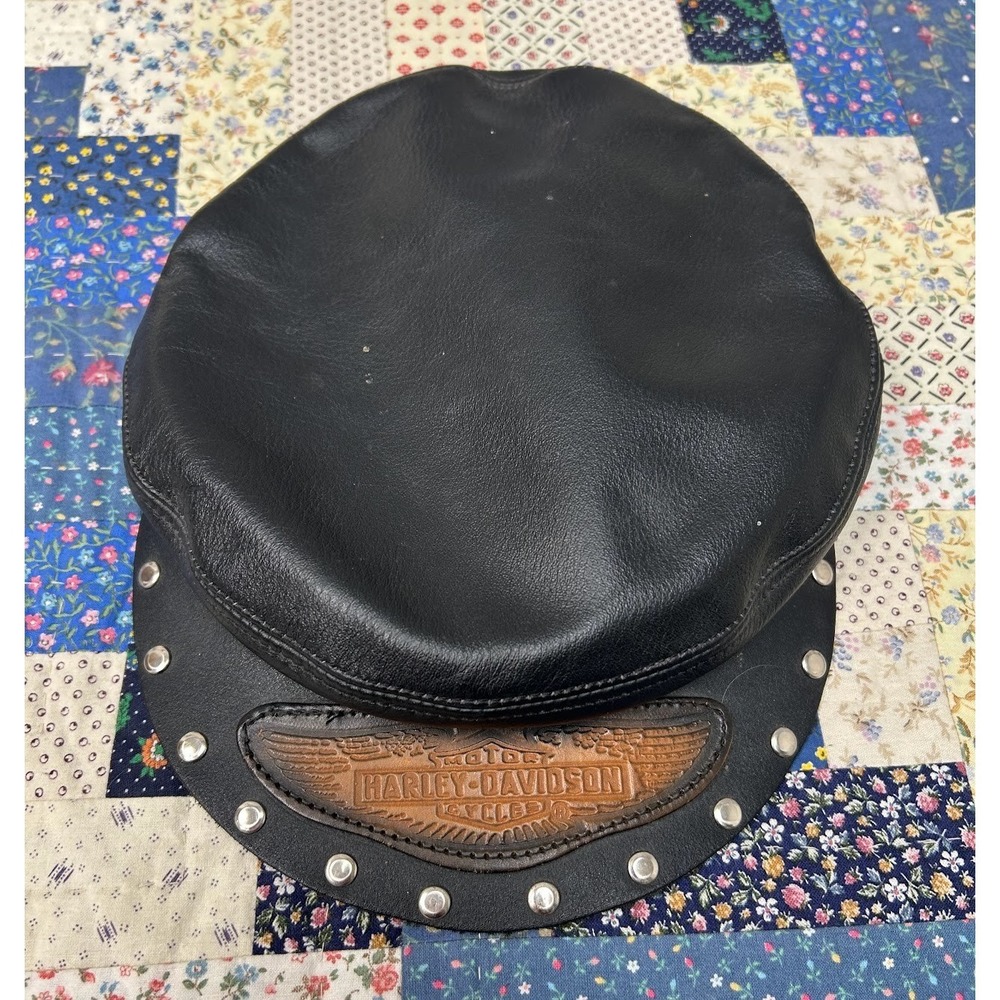 Vintage Harley Davidson Cycle Leather Captain's Cap Hat with Chain USA 80s